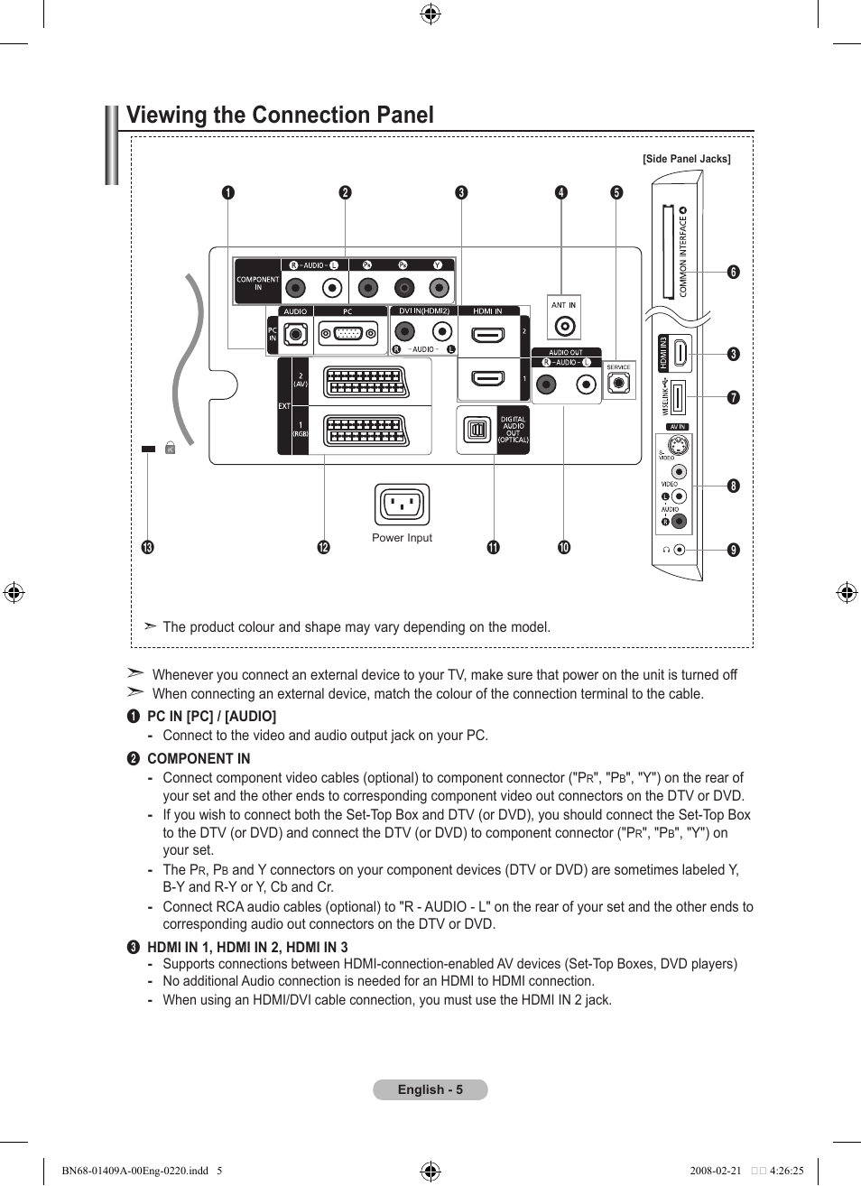 Viewing the connection panel | Samsung LE40A556P1F User Manual | Page 7 / 564