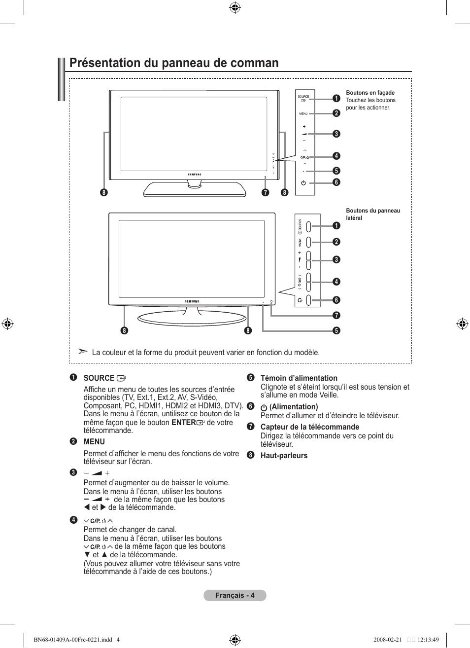 Présentation du panneau de comman | Samsung LE40A556P1F User Manual | Page 76 / 564