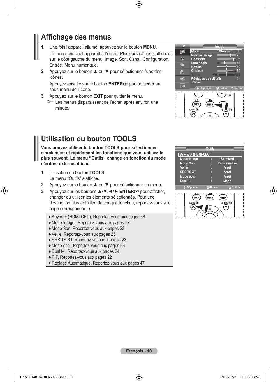 Affichage des menus, Utilisation du bouton tools | Samsung LE40A556P1F User Manual | Page 82 / 564