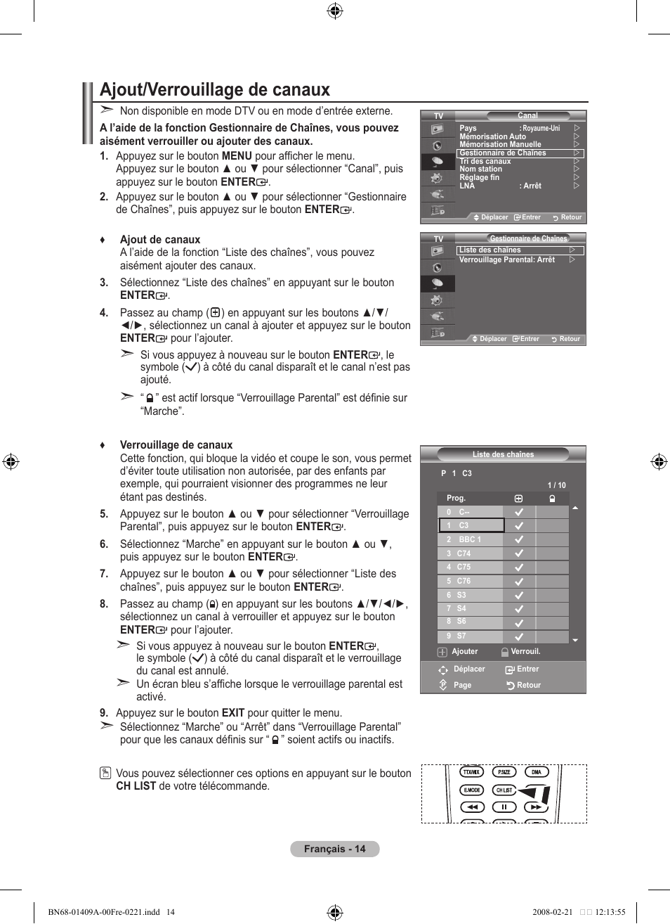 Ajout/verrouillage de canaux | Samsung LE40A556P1F User Manual | Page 86 / 564