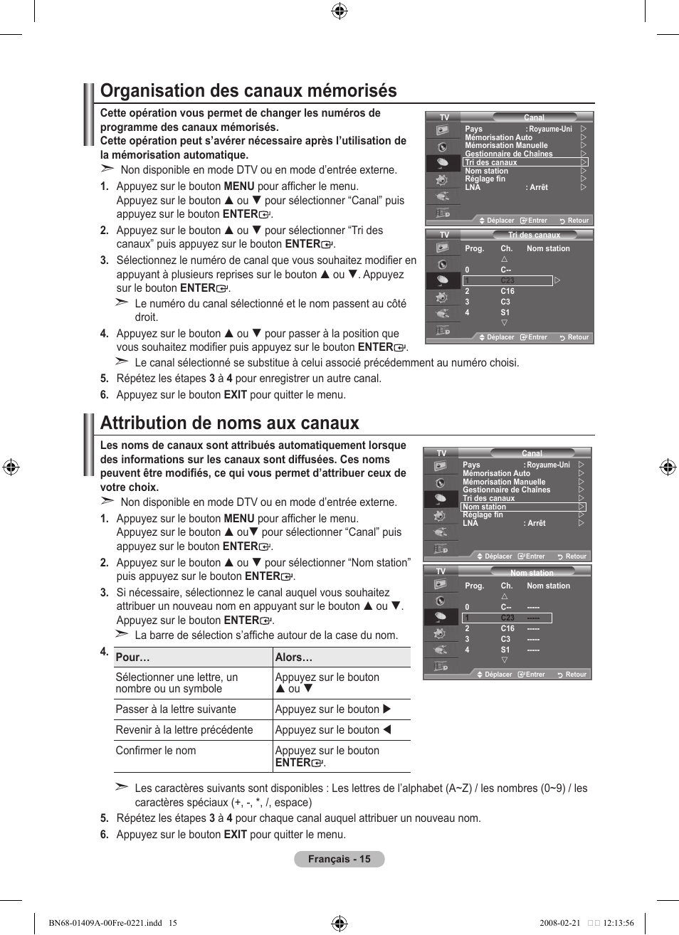 Organisation des canaux mémorisés, Attribution de noms aux canaux | Samsung LE40A556P1F User Manual | Page 87 / 564