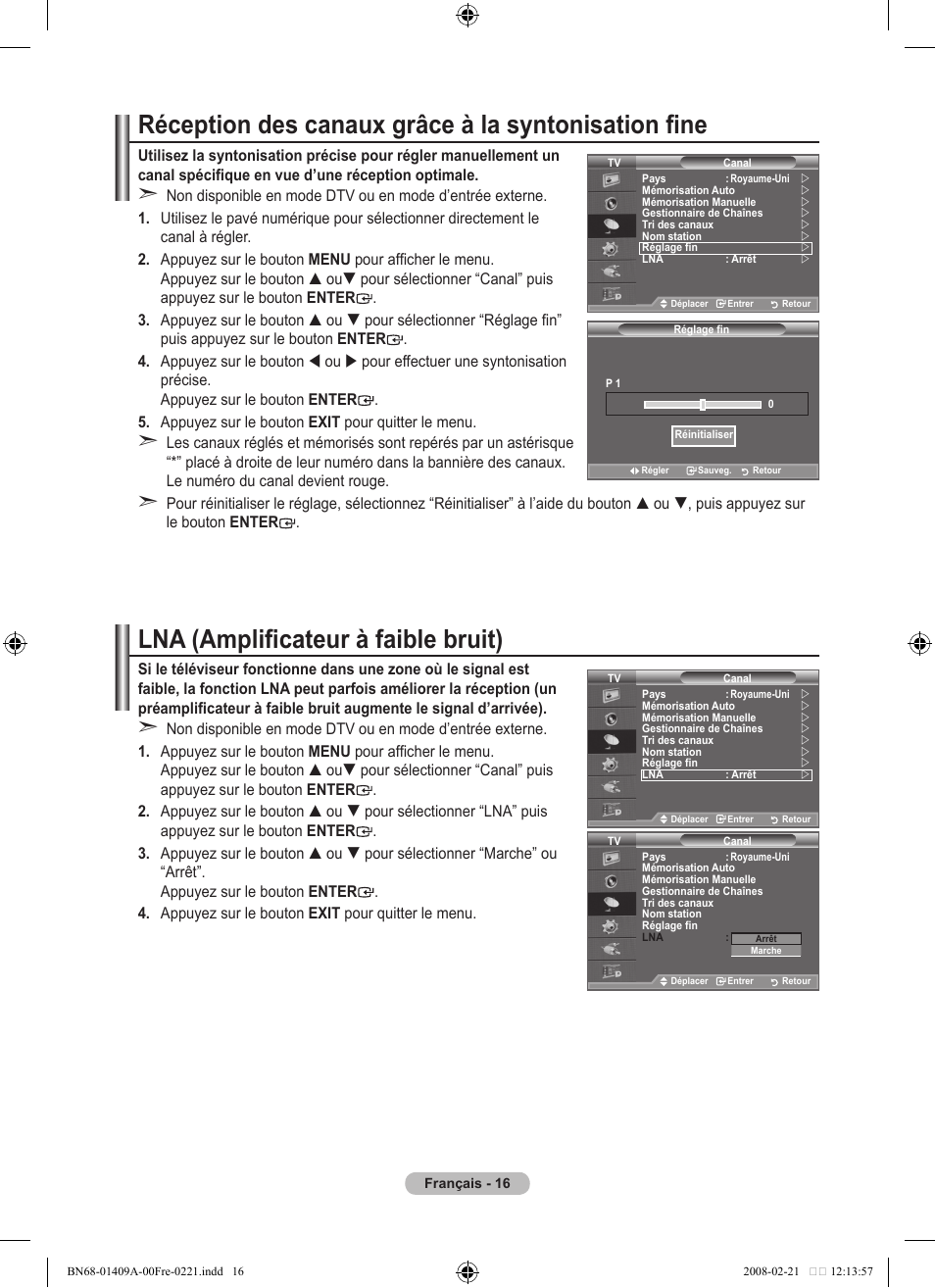 Réception des canaux grâce à la syntonisation fine, Lna (amplificateur à faible bruit) | Samsung LE40A556P1F User Manual | Page 88 / 564