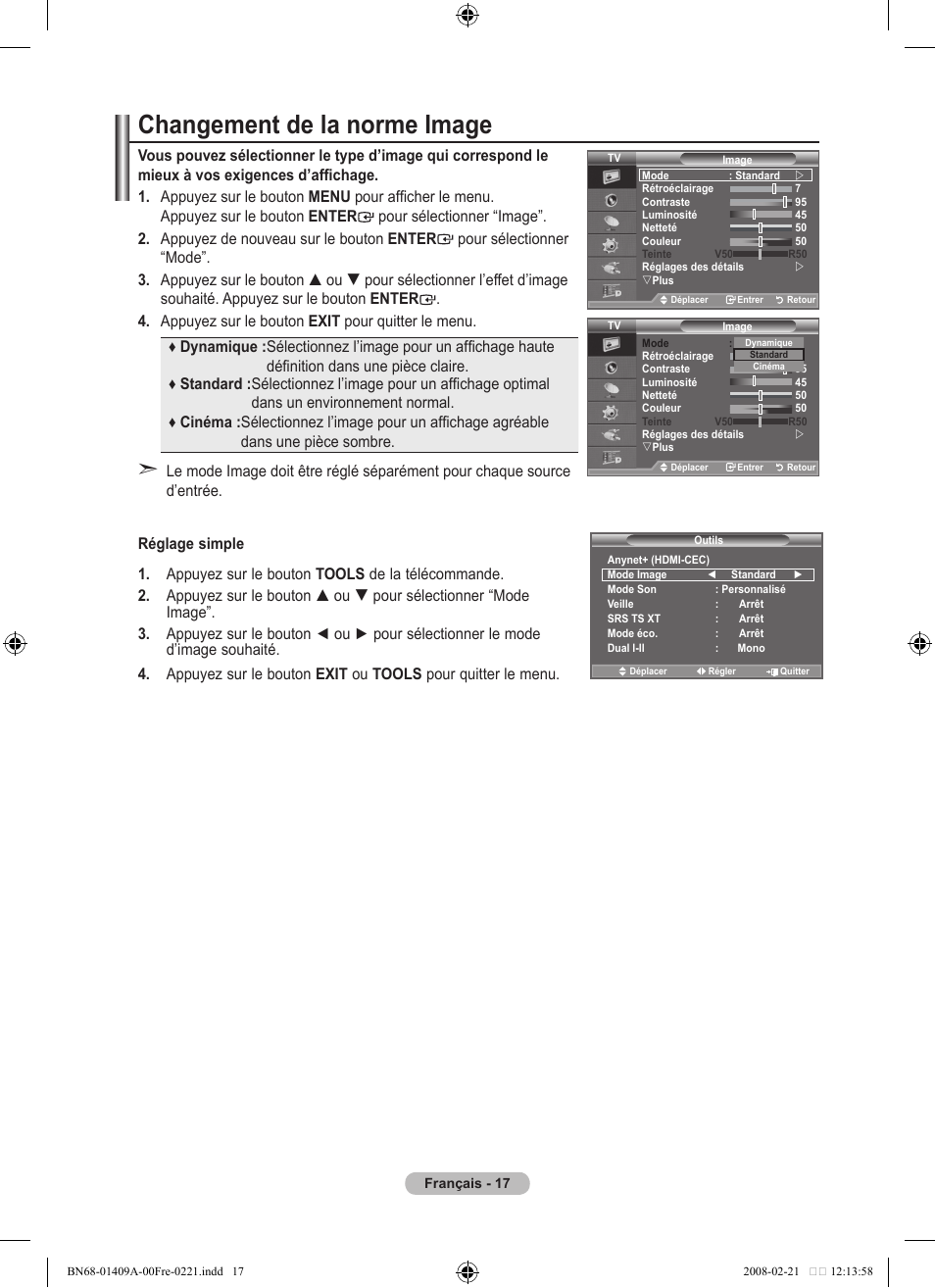 Changement de la norme image | Samsung LE40A556P1F User Manual | Page 89 / 564