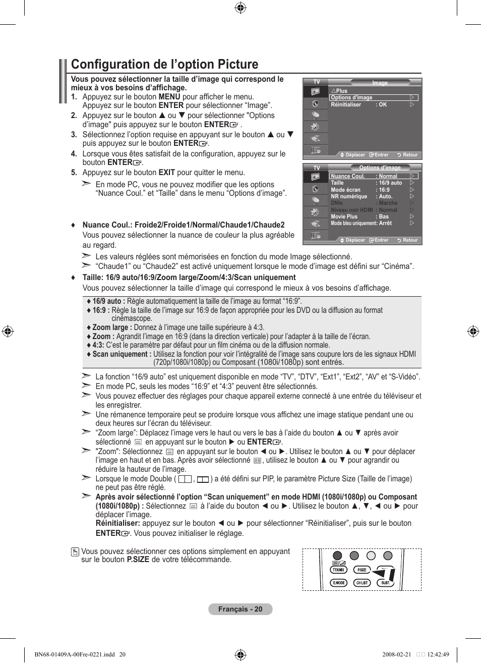 Configuration de l’option picture | Samsung LE40A556P1F User Manual | Page 92 / 564