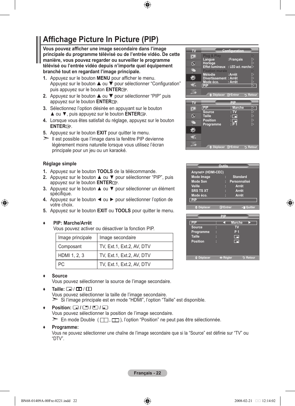 Affichage picture in picture (pip) | Samsung LE40A556P1F User Manual | Page 94 / 564