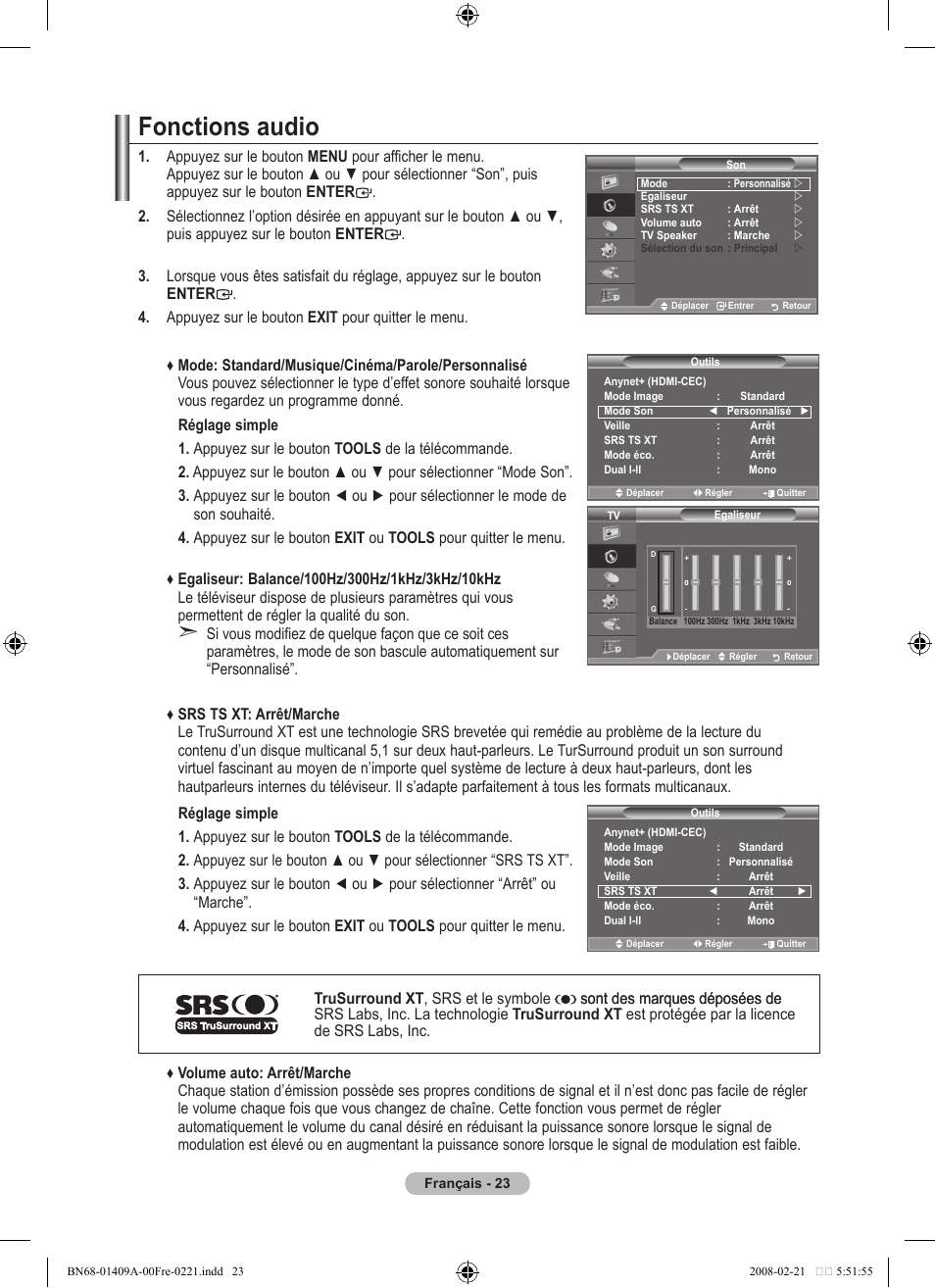 Fonctions audio | Samsung LE40A556P1F User Manual | Page 95 / 564