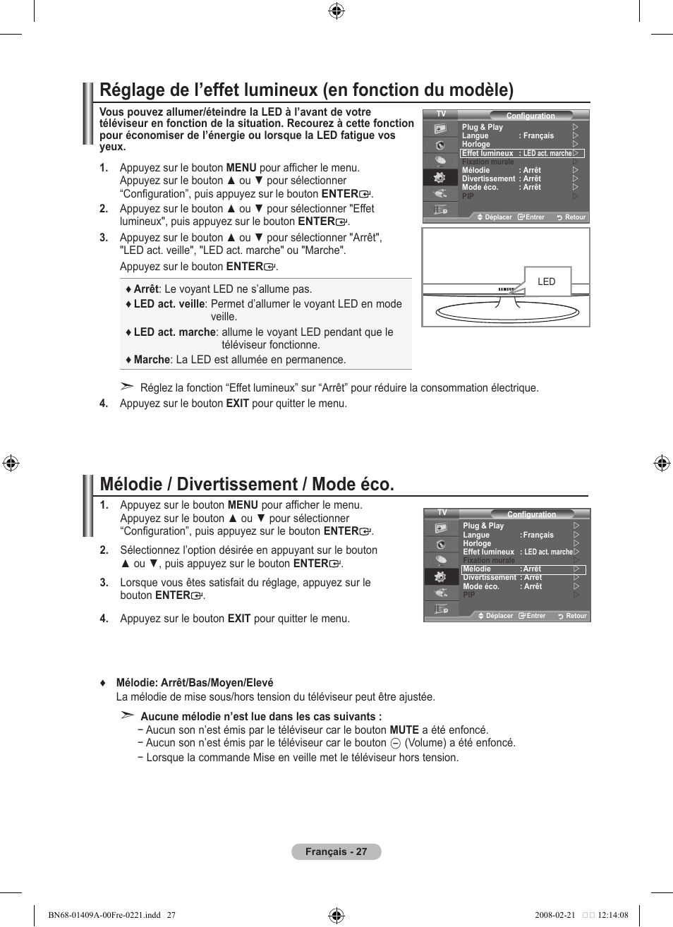 Mélodie / divertissement / mode éco | Samsung LE40A556P1F User Manual | Page 99 / 564