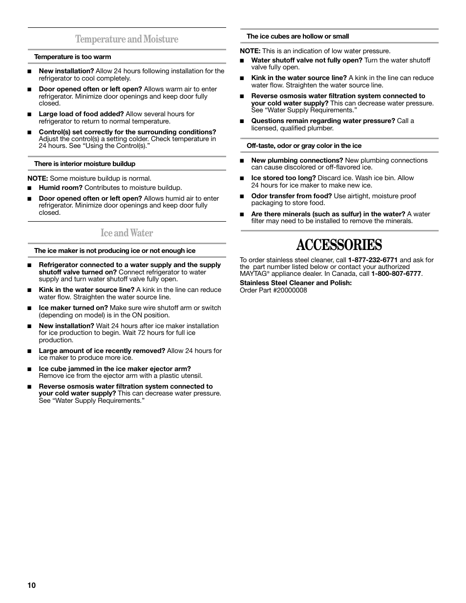 Accessories, Temperature and moisture, Ice and water | Amana W10249209A User Manual | Page 10 / 34