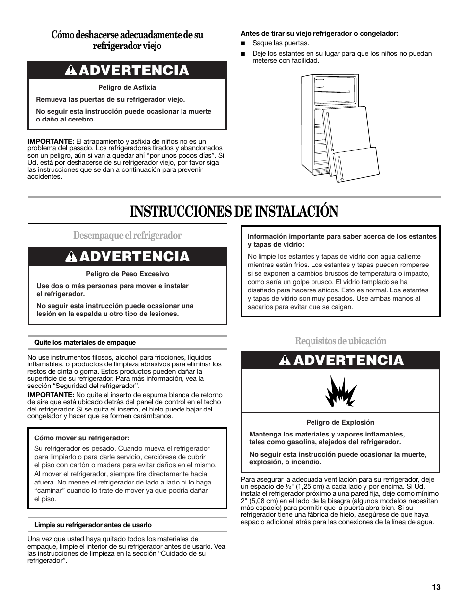 Instrucciones de instalación, Advertencia, Desempaque el refrigerador | Requisitos de ubicación | Amana W10249209A User Manual | Page 13 / 34