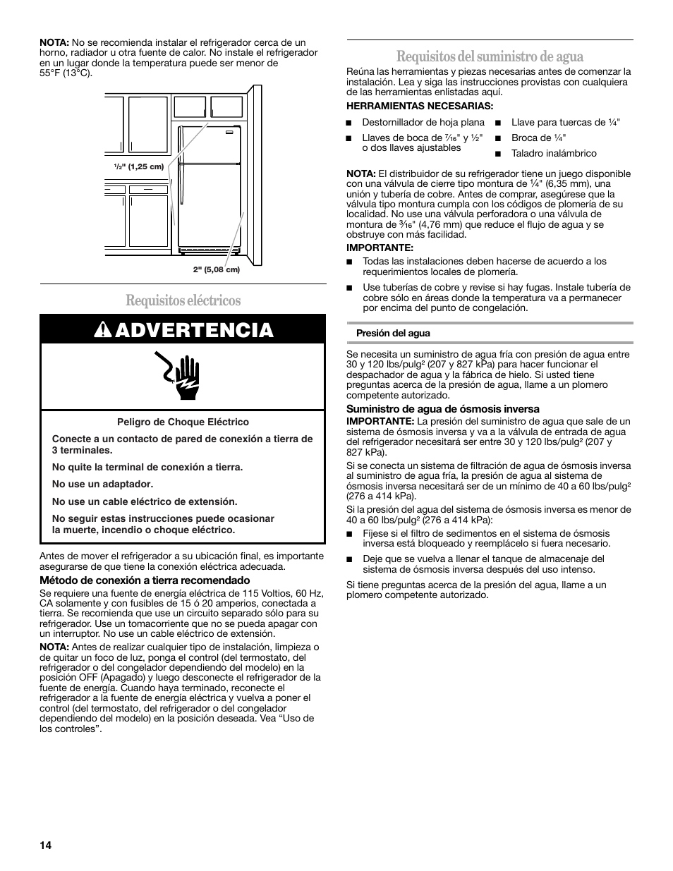 Advertencia, Requisitos eléctricos, Requisitos del suministro de agua | Amana W10249209A User Manual | Page 14 / 34