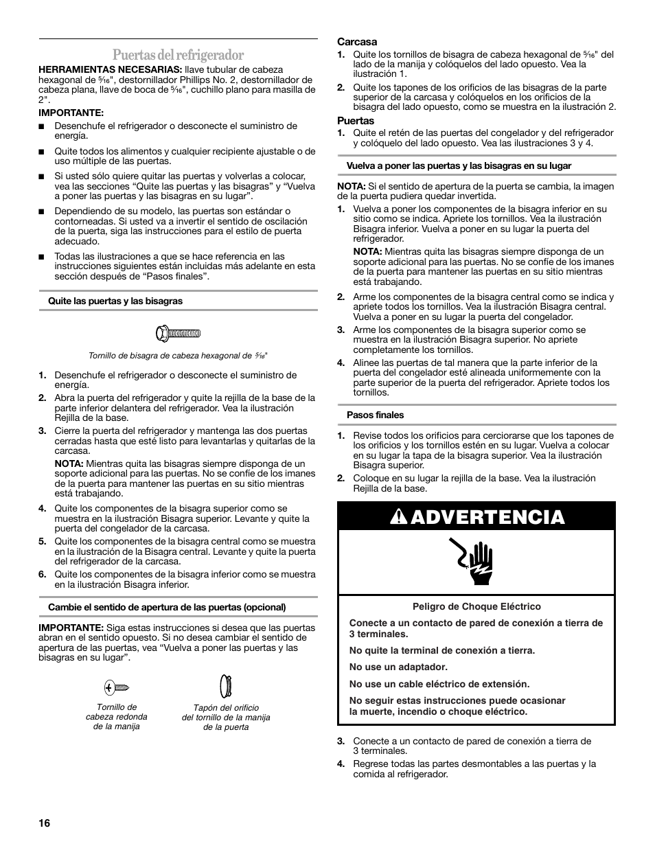 Advertencia, Puertas del refrigerador | Amana W10249209A User Manual | Page 16 / 34
