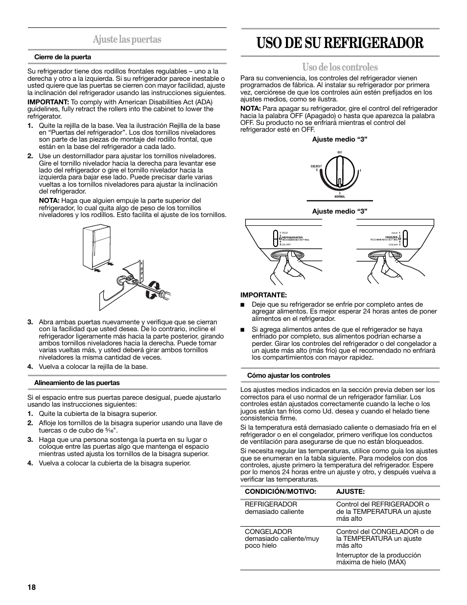Uso de su refrigerador, Ajuste las puertas, Uso de los controles | Amana W10249209A User Manual | Page 18 / 34