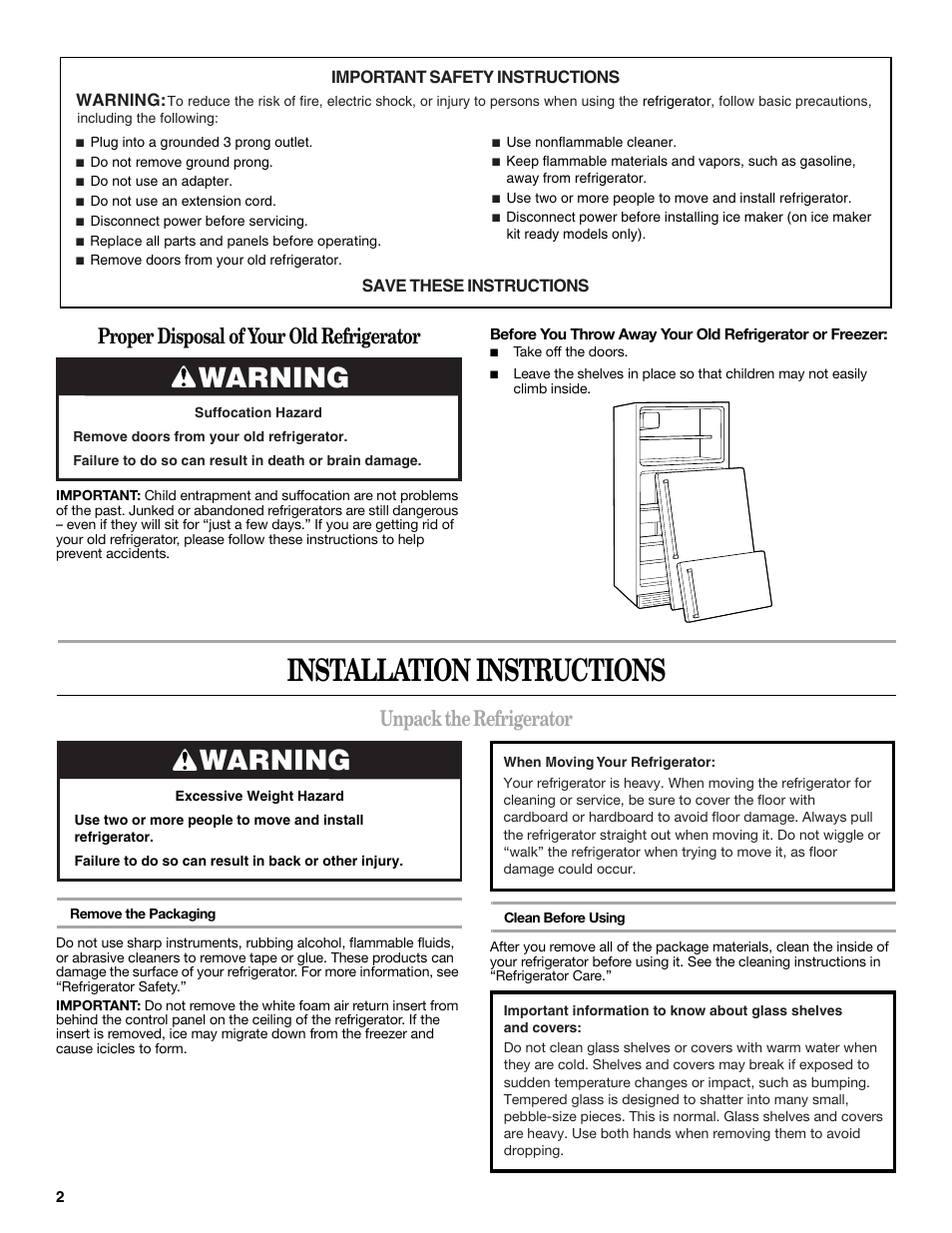 Installation instructions, Warning, Unpack the refrigerator | Proper disposal of your old refrigerator | Amana W10249209A User Manual | Page 2 / 34