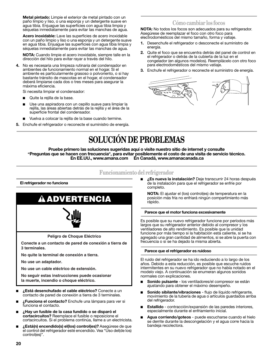 Solución de problemas, Advertencia, Cómo cambiar los focos | Funcionamiento del refrigerador | Amana W10249209A User Manual | Page 20 / 34