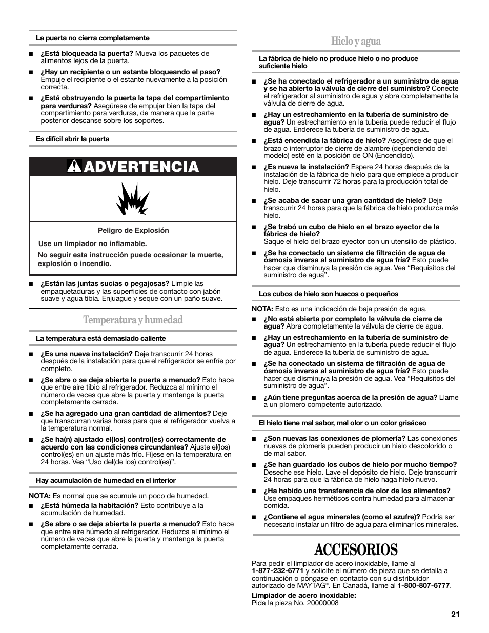 Accesorios, Advertencia, Temperatura y humedad | Hielo y agua | Amana W10249209A User Manual | Page 21 / 34
