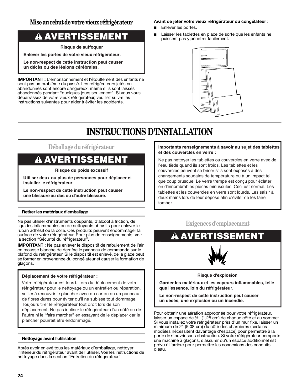 Instructions d'installation, Avertissement, Déballage du réfrigérateur | Exigences d'emplacement, Mise au rebut de votre vieux réfrigérateur | Amana W10249209A User Manual | Page 24 / 34