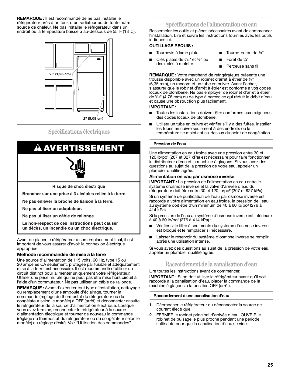Avertissement, Spécifications électriques, Spécifications de l’alimentation en eau | Raccordement de la canalisation d'eau | Amana W10249209A User Manual | Page 25 / 34