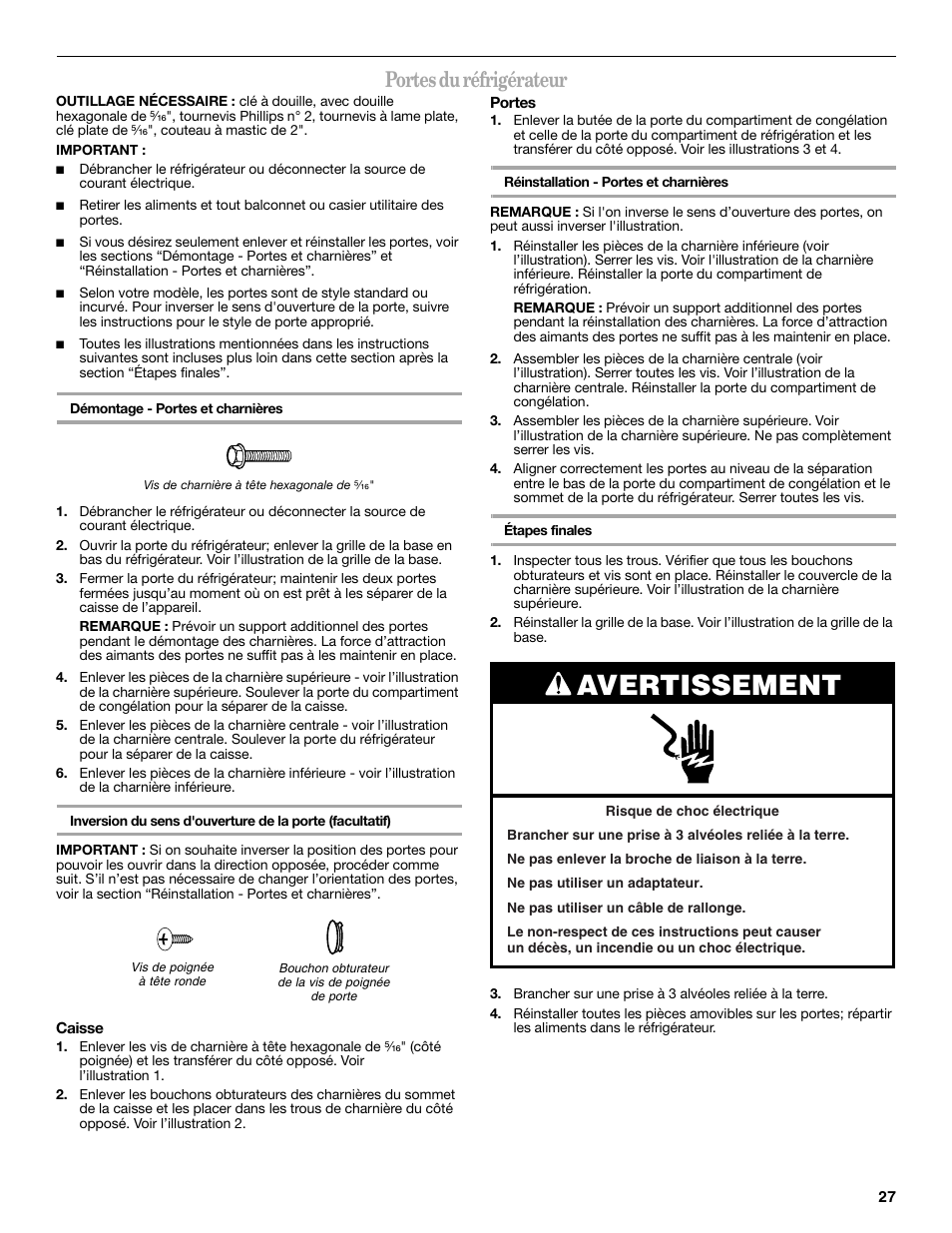 Avertissement, Portes du réfrigérateur | Amana W10249209A User Manual | Page 27 / 34