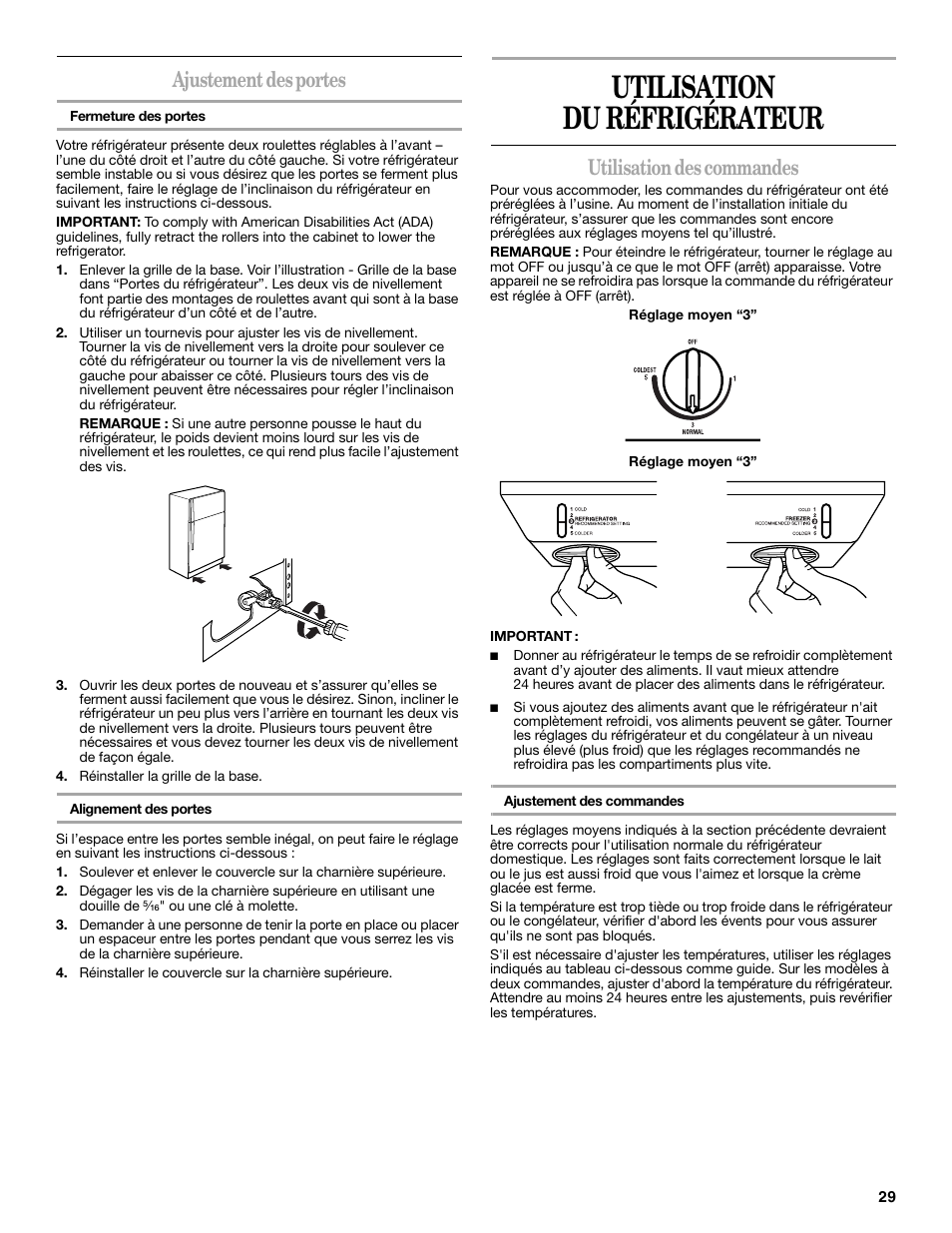 Utilisation du réfrigérateur, Ajustement des portes, Utilisation des commandes | Amana W10249209A User Manual | Page 29 / 34