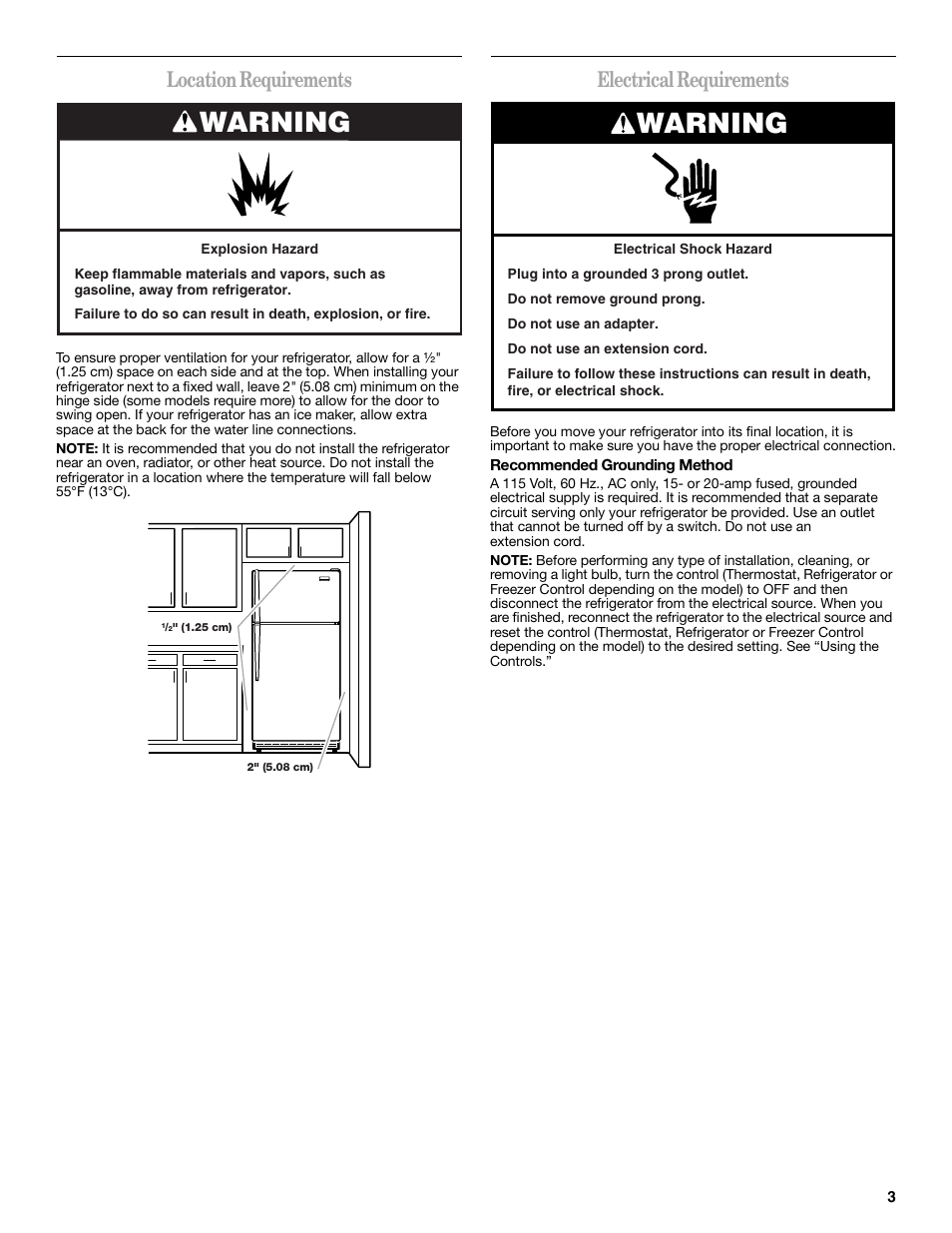 Warning, Location requirements, Electrical requirements | Amana W10249209A User Manual | Page 3 / 34