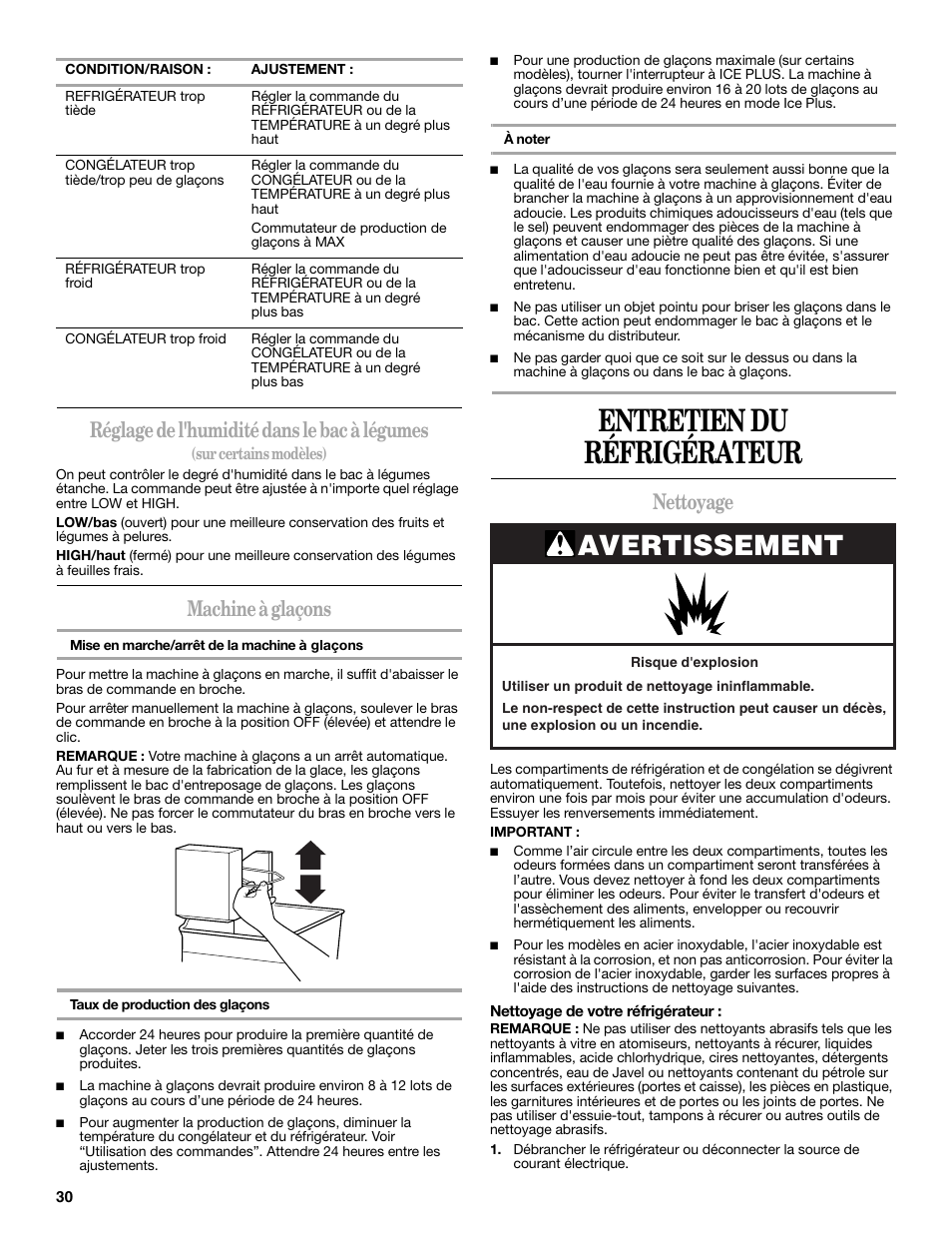 Entretien du réfrigérateur, Avertissement, Réglage de l'humidité dans le bac à légumes | Machine à glaçons, Nettoyage | Amana W10249209A User Manual | Page 30 / 34