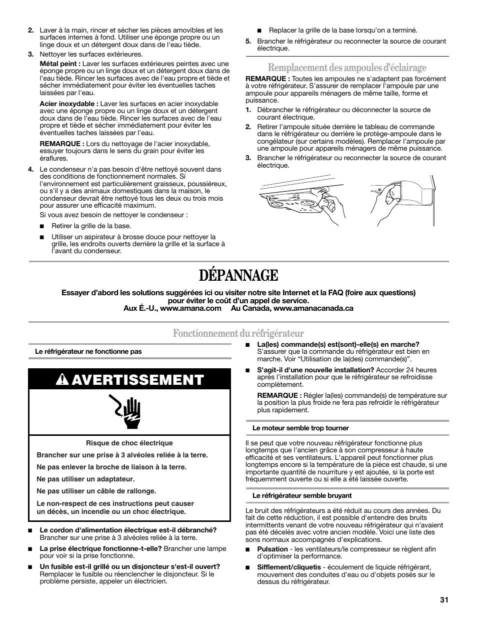 Dépannage, Avertissement, Remplacement des ampoules d’éclairage | Fonctionnement du réfrigérateur | Amana W10249209A User Manual | Page 31 / 34
