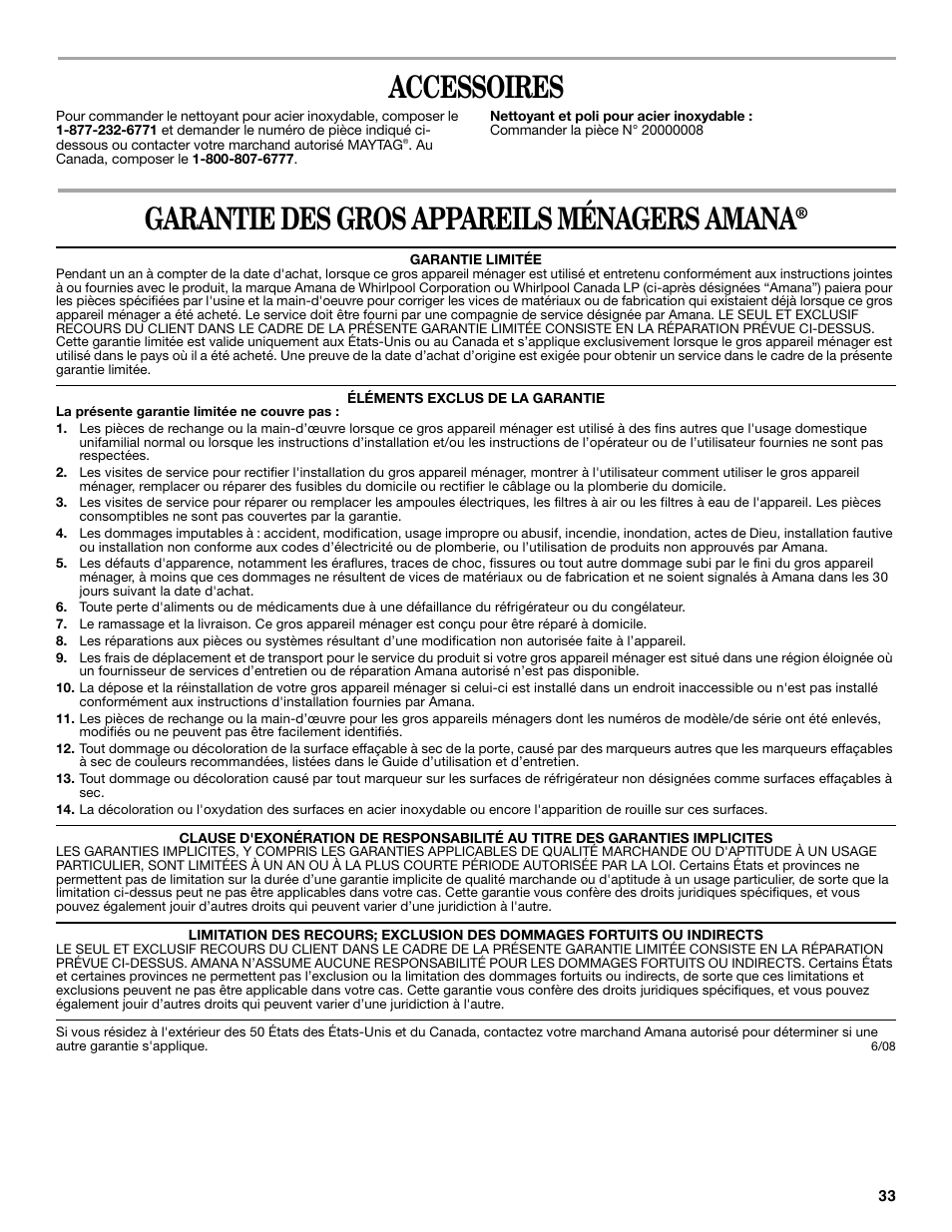 Accessoires, Garantie des gros appareils ménagers amana | Amana W10249209A User Manual | Page 33 / 34