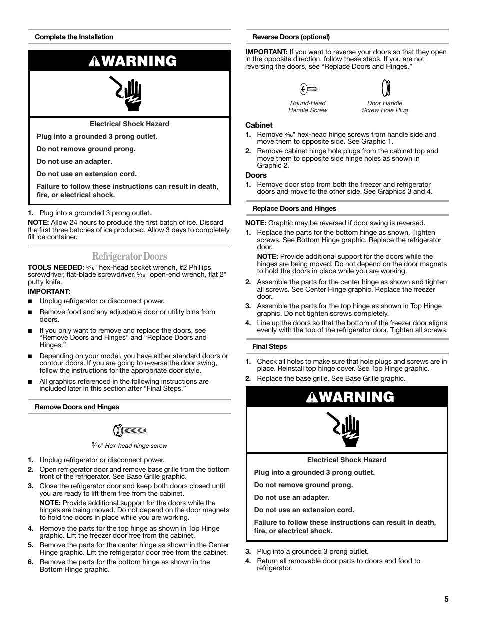 Warning, Refrigerator doors | Amana W10249209A User Manual | Page 5 / 34