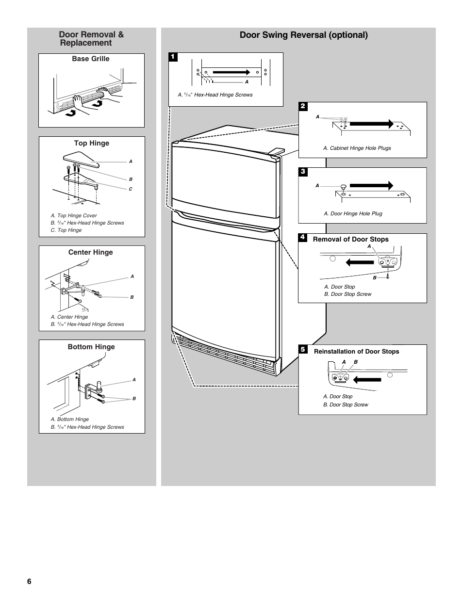 Door swing reversal (optional), Door removal & replacement | Amana W10249209A User Manual | Page 6 / 34