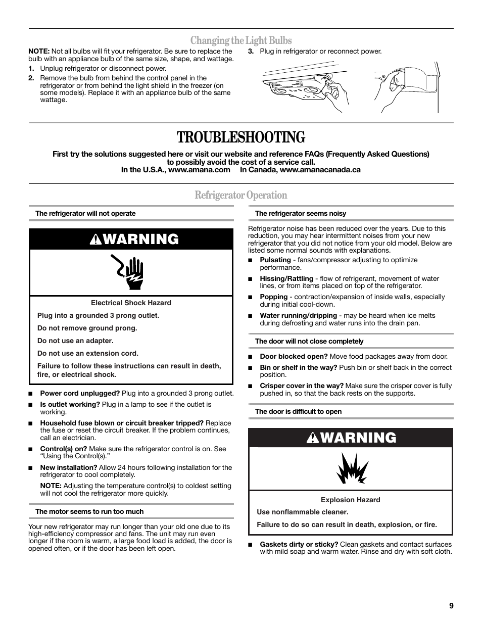Troubleshooting, Warning, Changing the light bulbs | Refrigerator operation | Amana W10249209A User Manual | Page 9 / 34