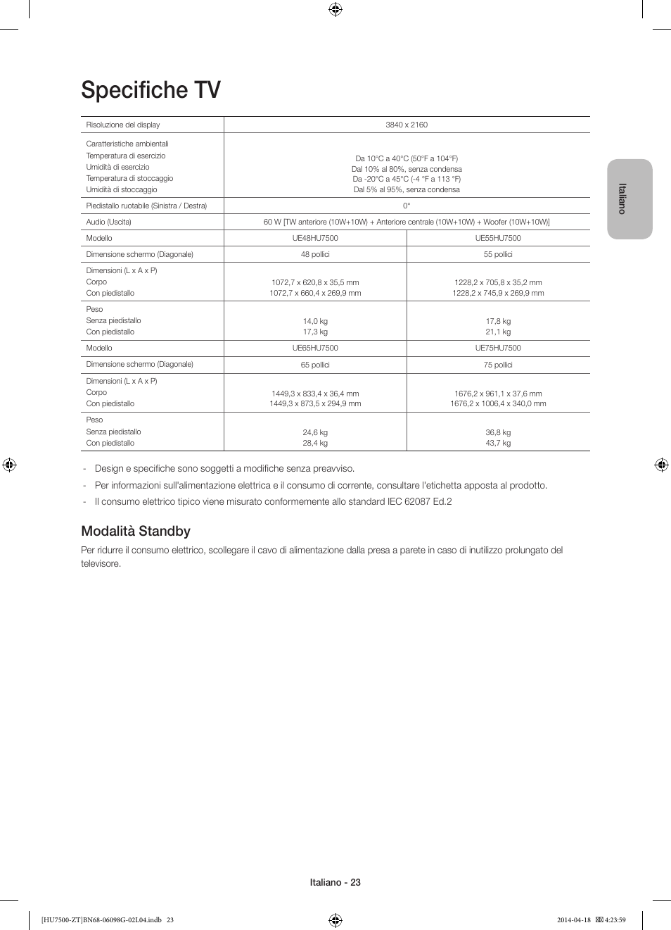 Specifiche tv, Modalità standby | Samsung UE55HU7500Z User Manual | Page 47 / 73