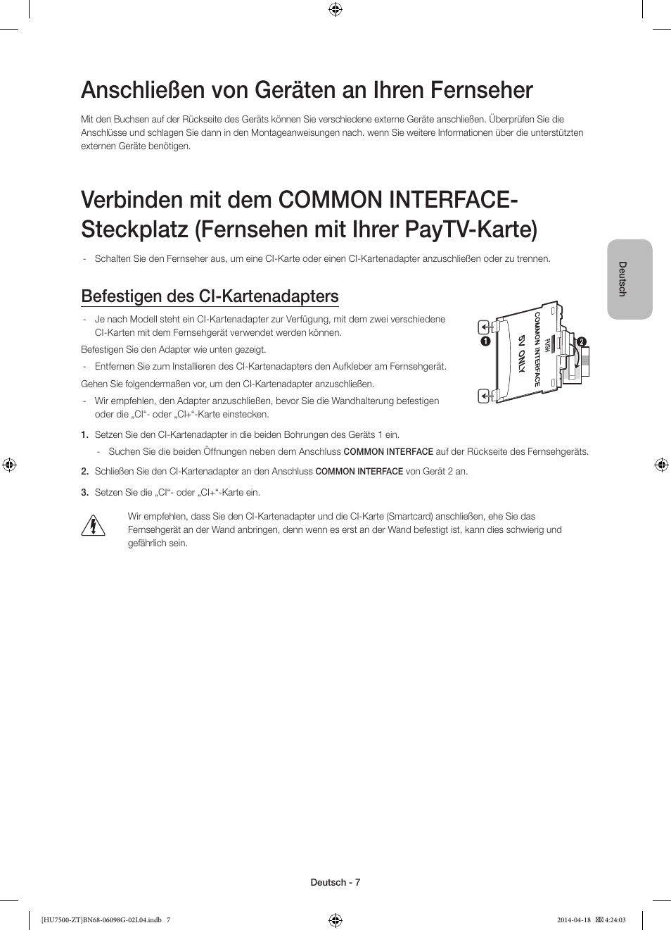 Anschließen von geräten an ihren fernseher, Befestigen des ci-kartenadapters | Samsung UE55HU7500Z User Manual | Page 55 / 73