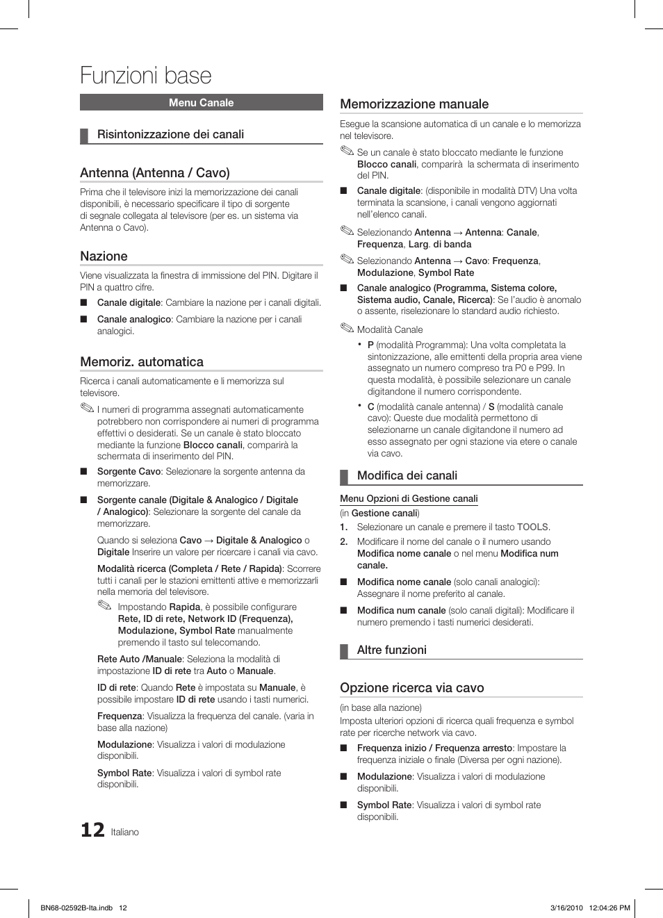 Funzioni base, Antenna (antenna / cavo), Nazione | Opzione ricerca via cavo | Samsung LE26C450E1W User Manual | Page 129 / 158