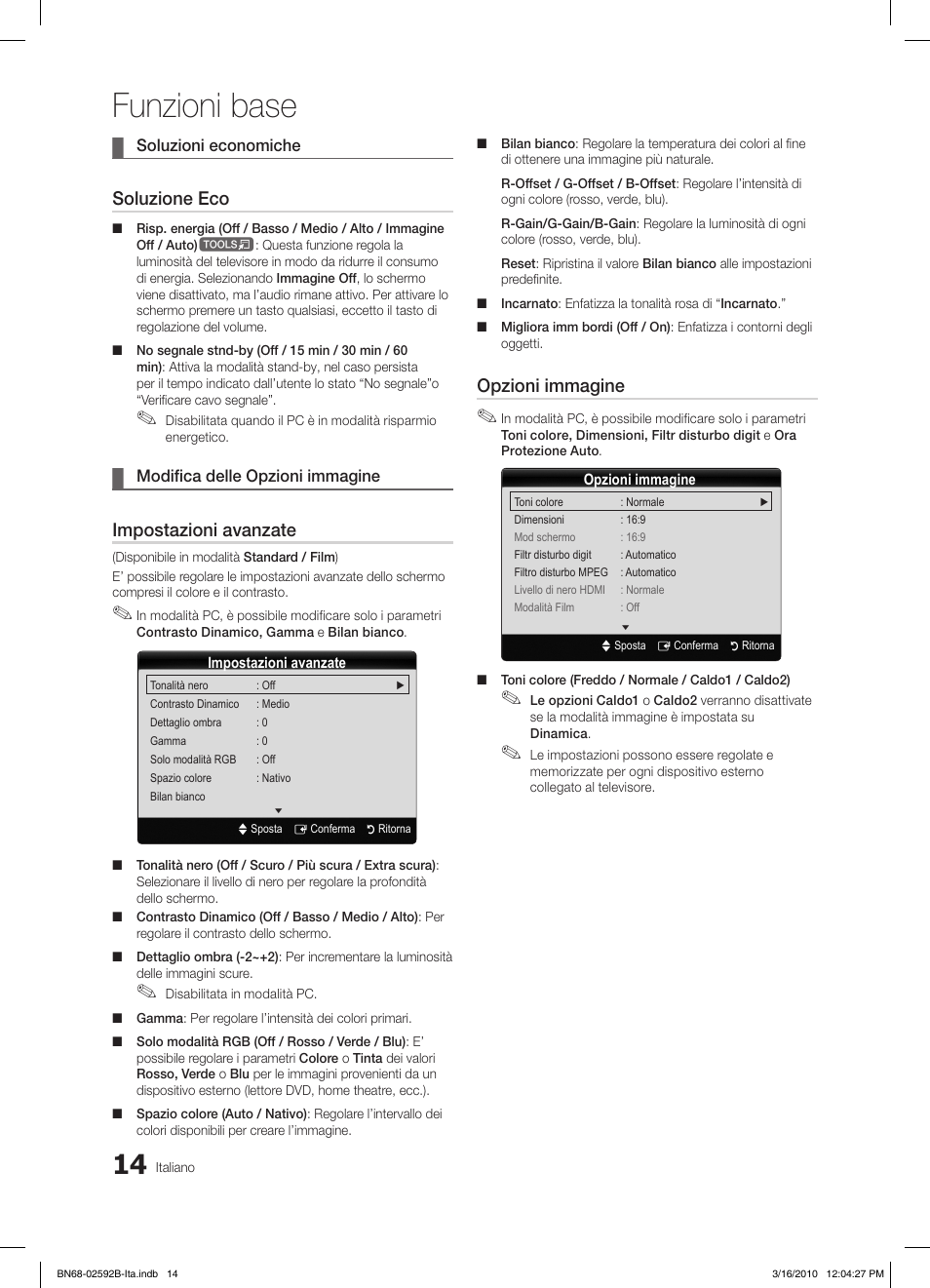 Funzioni base, Soluzione eco, Impostazioni avanzate | Opzioni immagine | Samsung LE26C450E1W User Manual | Page 131 / 158