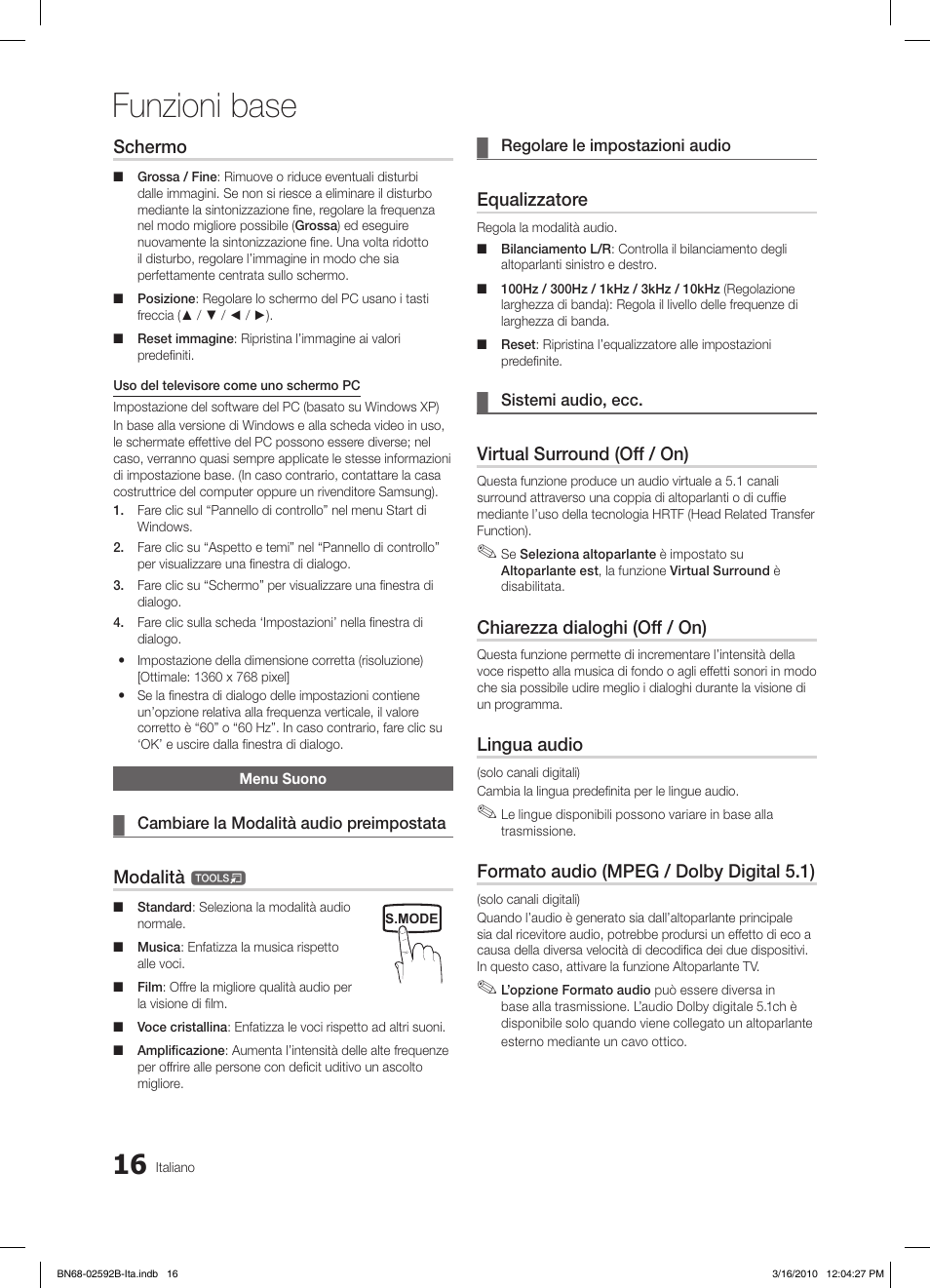 Funzioni base, Schermo, Modalità | Equalizzatore, Virtual surround (off / on), Chiarezza dialoghi (off / on), Lingua audio, Formato audio (mpeg / dolby digital 5.1) | Samsung LE26C450E1W User Manual | Page 133 / 158