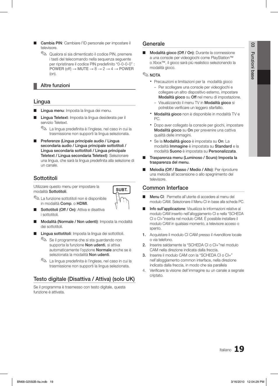 Lingua, Sottotitoli, Testo digitale (disattiva / attiva) (solo uk) | Generale, Common interface | Samsung LE26C450E1W User Manual | Page 136 / 158