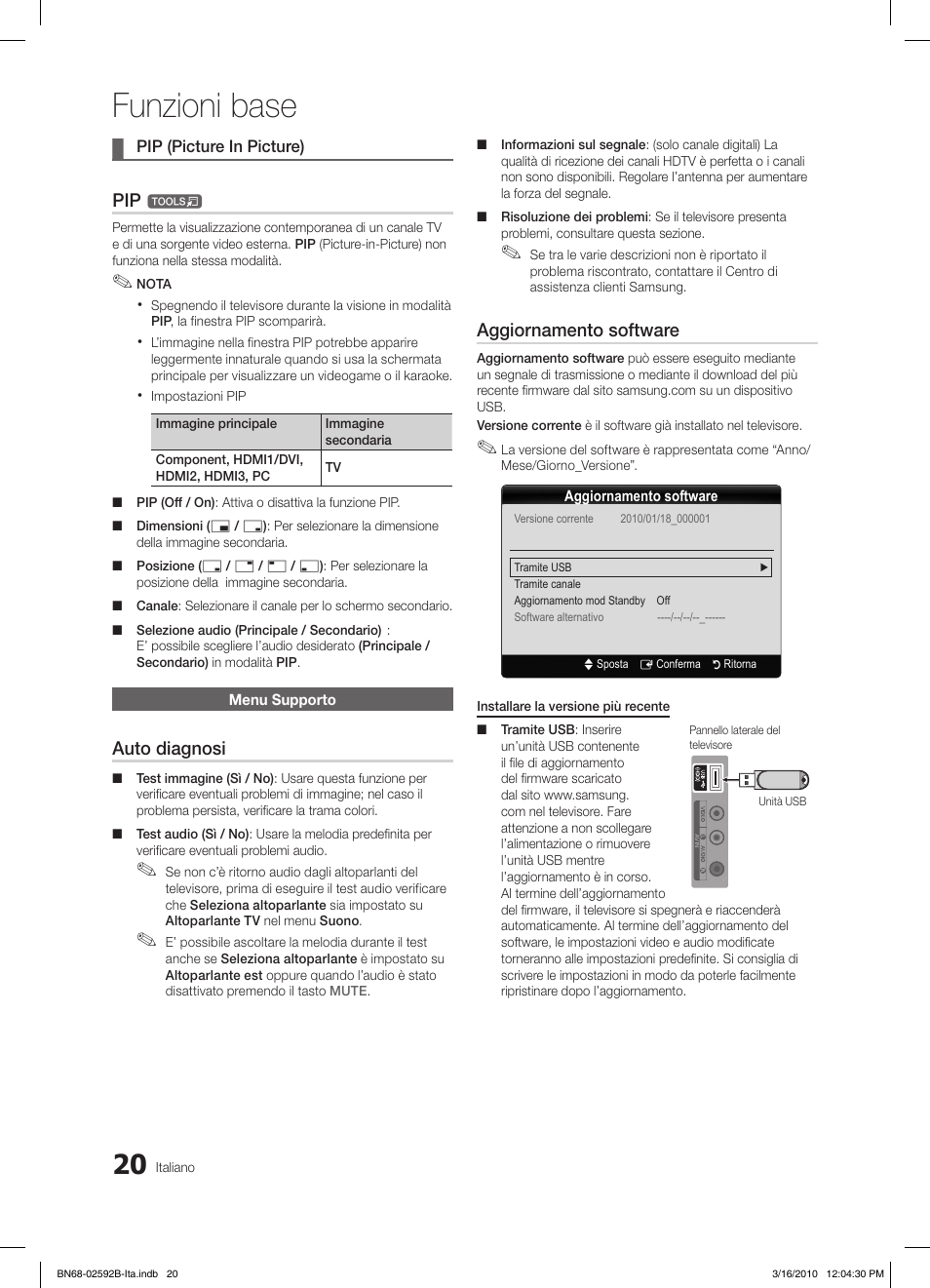 Funzioni base, Auto diagnosi, Aggiornamento software | Samsung LE26C450E1W User Manual | Page 137 / 158