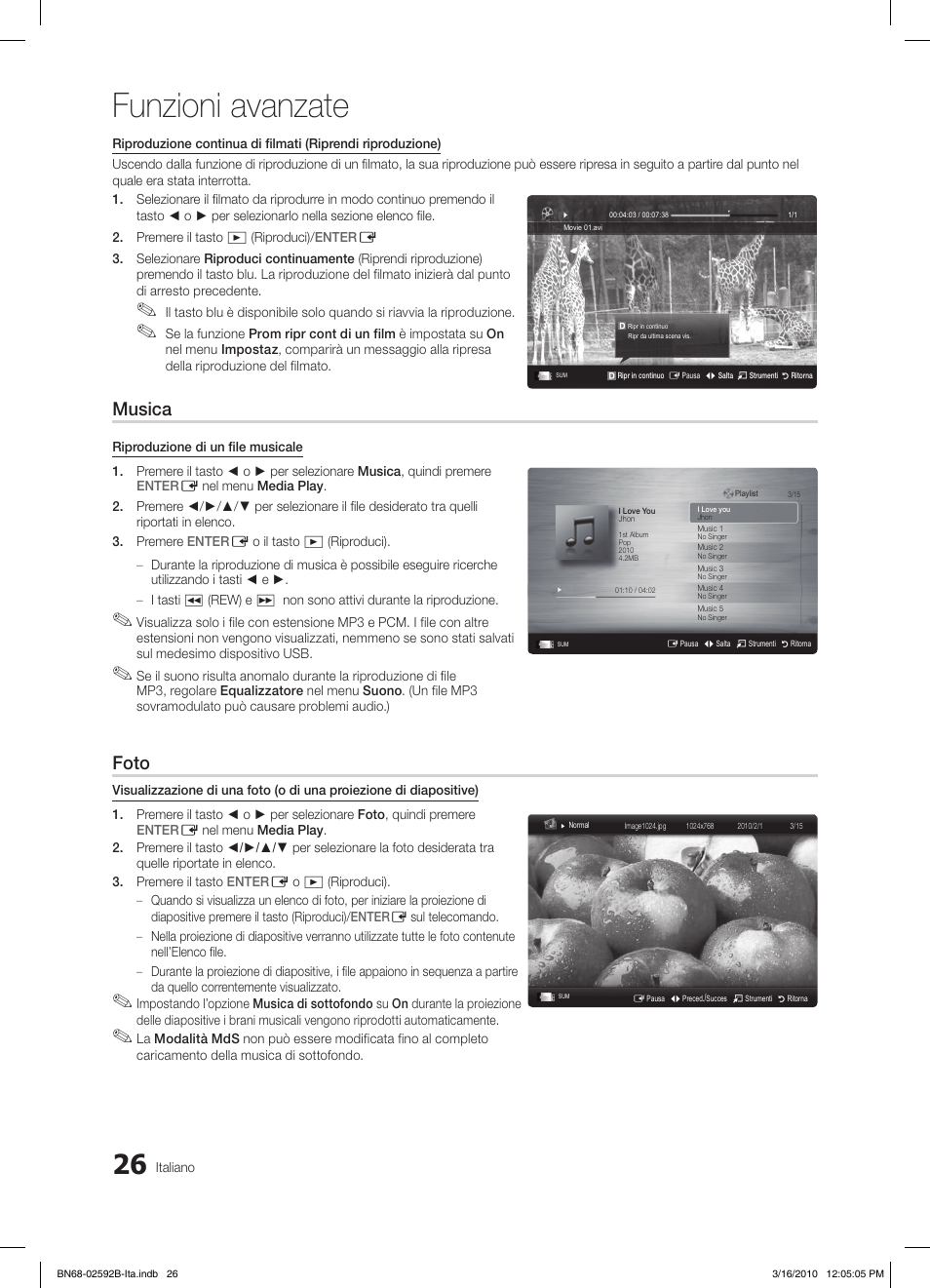 Funzioni avanzate, Musica, Foto | Samsung LE26C450E1W User Manual | Page 143 / 158
