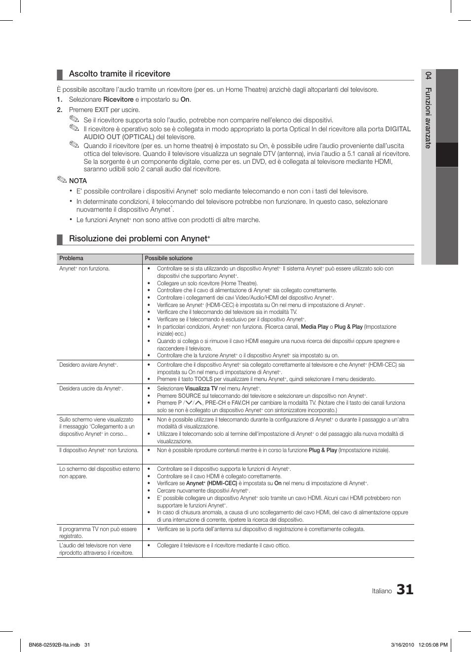 Ascolto tramite il ricevitore, Risoluzione dei problemi con anynet | Samsung LE26C450E1W User Manual | Page 148 / 158