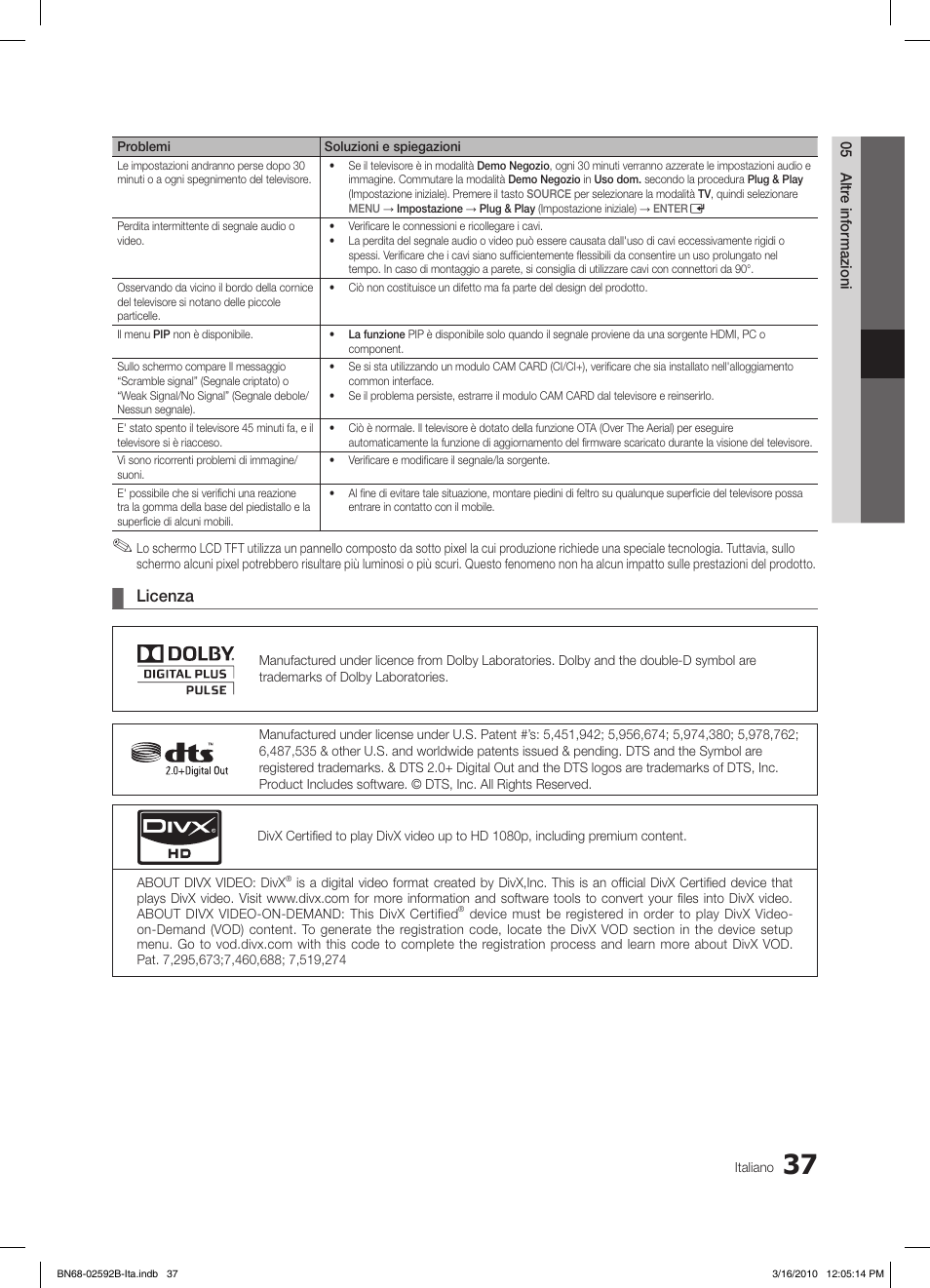 Licenza | Samsung LE26C450E1W User Manual | Page 154 / 158