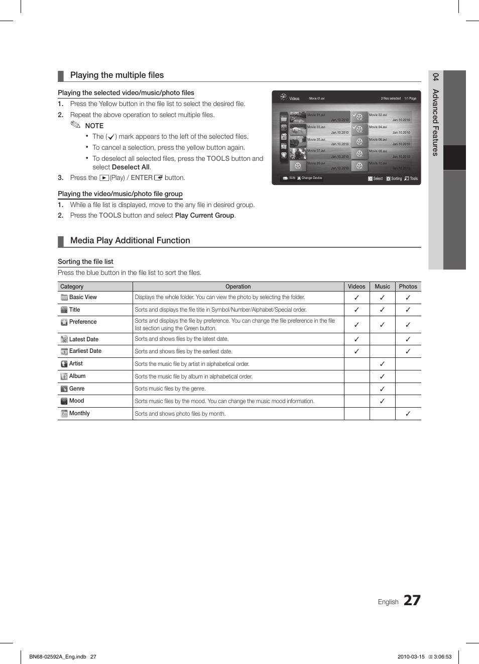 Playing the multiple files, Media play additional function | Samsung LE26C450E1W User Manual | Page 27 / 158