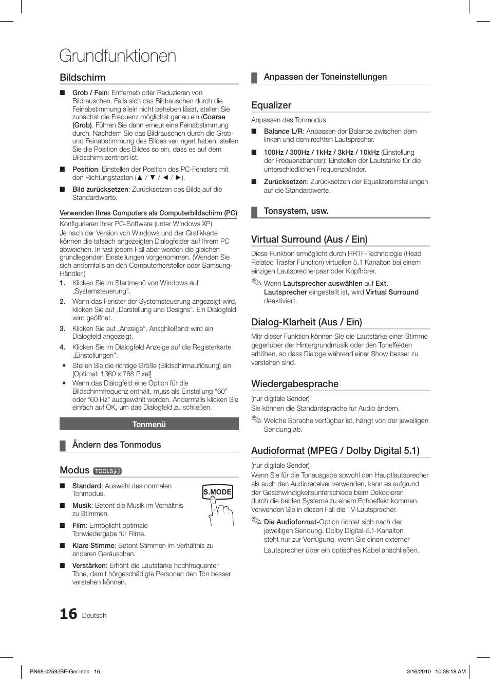 Grundfunktionen, Bildschirm, Modus | Equalizer, Virtual surround (aus / ein), Dialog-klarheit (aus / ein), Wiedergabesprache, Audioformat (mpeg / dolby digital 5.1) | Samsung LE26C450E1W User Manual | Page 55 / 158