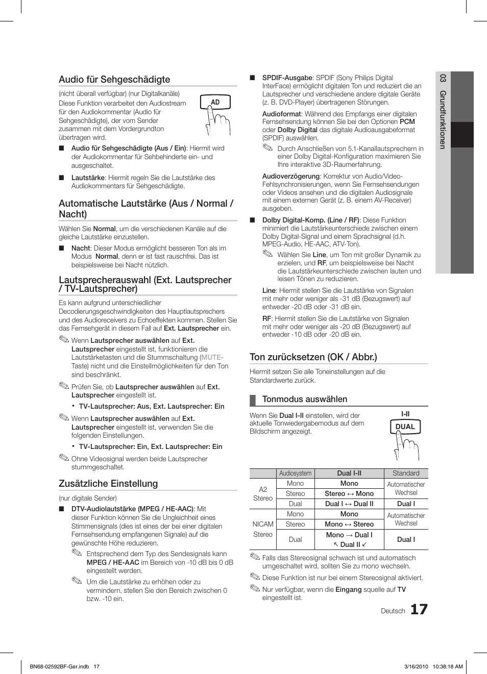 Audio für sehgeschädigte, Automatische lautstärke (aus / normal / nacht), Zusätzliche einstellung | Ton zurücksetzen (ok / abbr.) | Samsung LE26C450E1W User Manual | Page 56 / 158