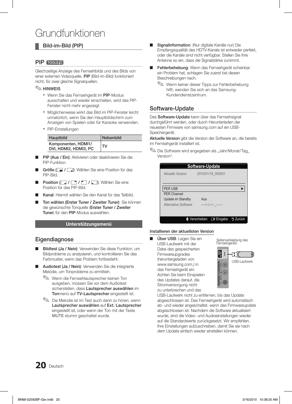 Grundfunktionen, Eigendiagnose, Software-update | Samsung LE26C450E1W User Manual | Page 59 / 158