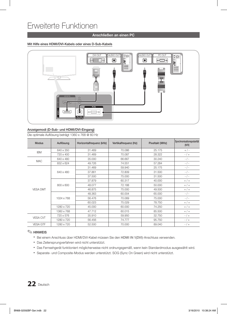 Erweiterte funktionen, Anschließen an einen pc | Samsung LE26C450E1W User Manual | Page 61 / 158