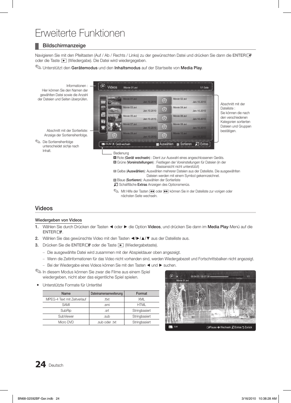 Erweiterte funktionen, Videos, Bildschirmanzeige | Samsung LE26C450E1W User Manual | Page 63 / 158