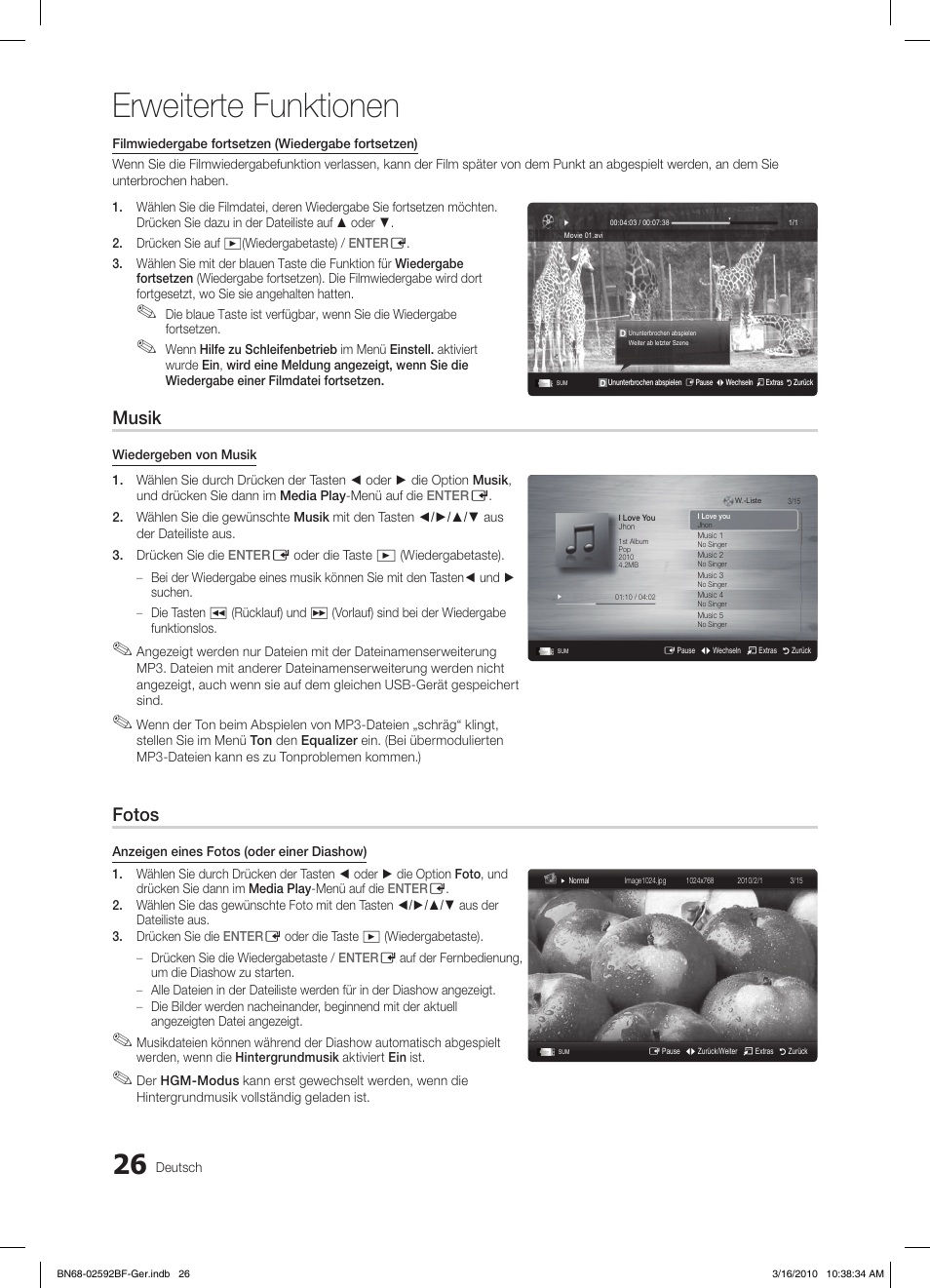 Erweiterte funktionen, Musik, Fotos | Samsung LE26C450E1W User Manual | Page 65 / 158