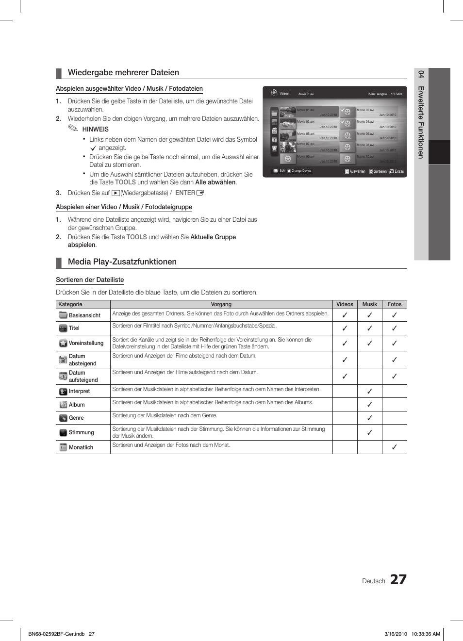 Wiedergabe mehrerer dateien, Media play-zusatzfunktionen | Samsung LE26C450E1W User Manual | Page 66 / 158