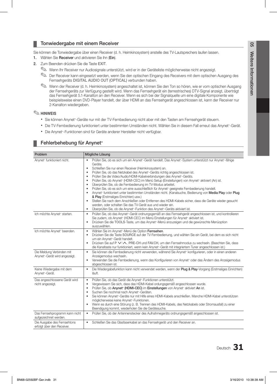Tonwiedergabe mit einem receiver, Fehlerbehebung für anynet | Samsung LE26C450E1W User Manual | Page 70 / 158