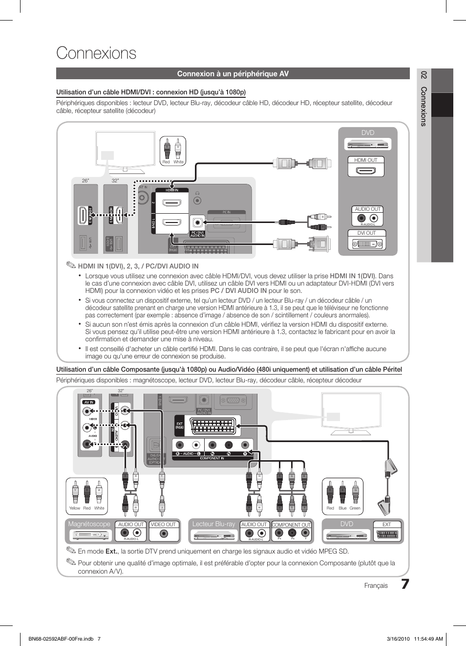 Connexions, 02 connexions, Connexion à un périphérique av | Français, Connexion a/v), Lecteur blu-ray dvd magnétoscope | Samsung LE26C450E1W User Manual | Page 85 / 158